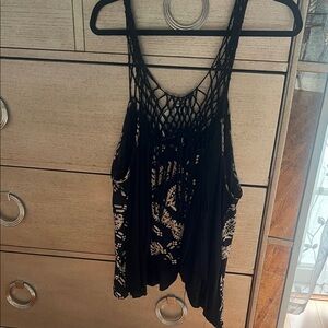 Free People Black Crochet-Back Tank Top with Cream Print